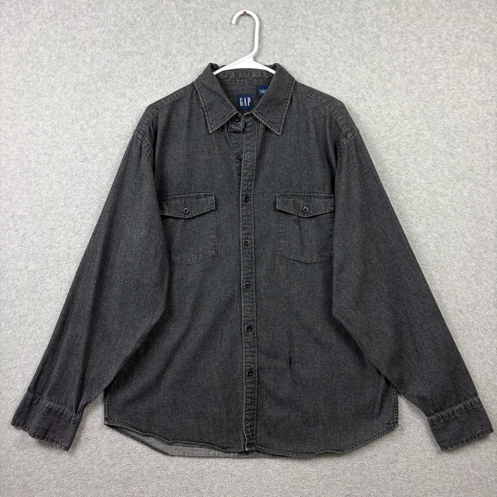 Vintage Gap Shirt Mens Large Faded Black Denim Long Sleeve Button Up Pockets Y2K